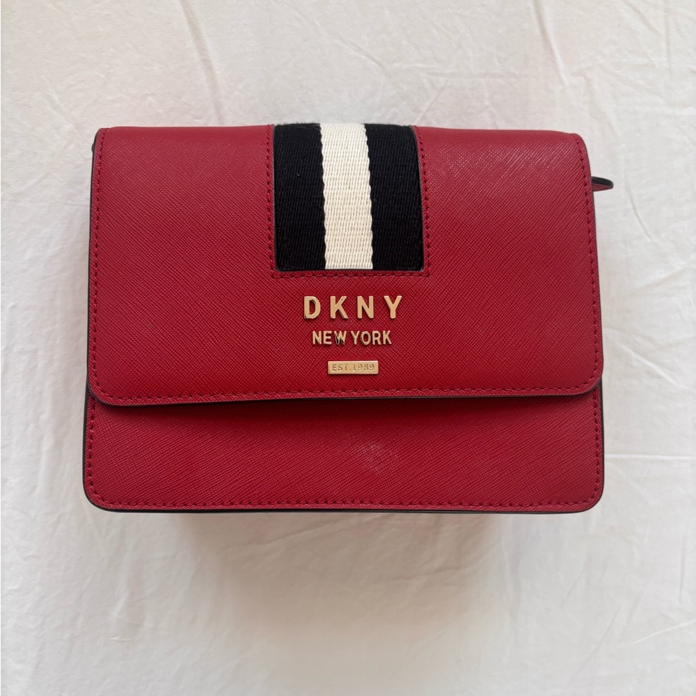 DKNY Red and Black Crossbody Bag with Gold Accents